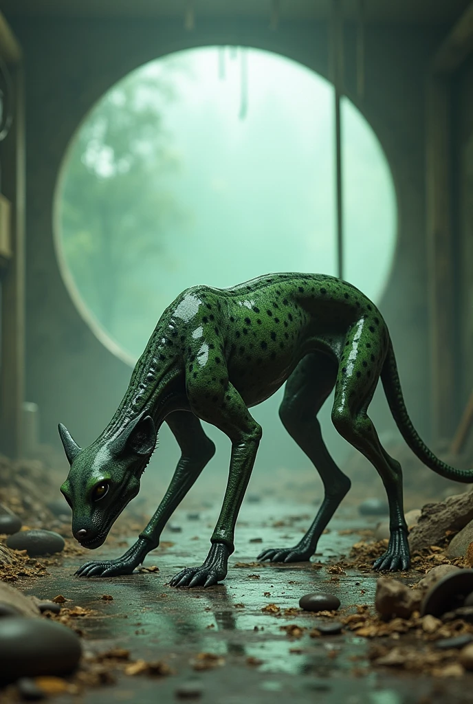 Create a kind of green and gray alien hybrid dog with spots and no eyes sniffing the floor
. And a background of a ruined laboratory with a glass wall in the background with a kind of portal to another world.