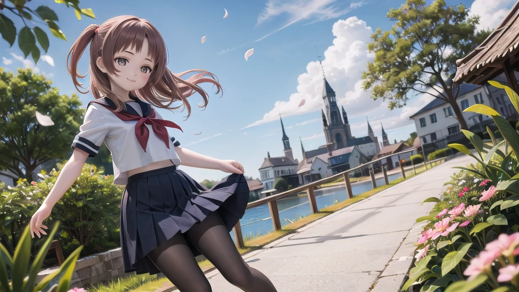 (masterpiece),  town,  blue sky,  One Girl,  smile,  alone,  Sailor suit、Long skirt,  Overgrown,  petal,  plant、Skirt lining、Translucent slip、nostalgic、Black Pantyhose