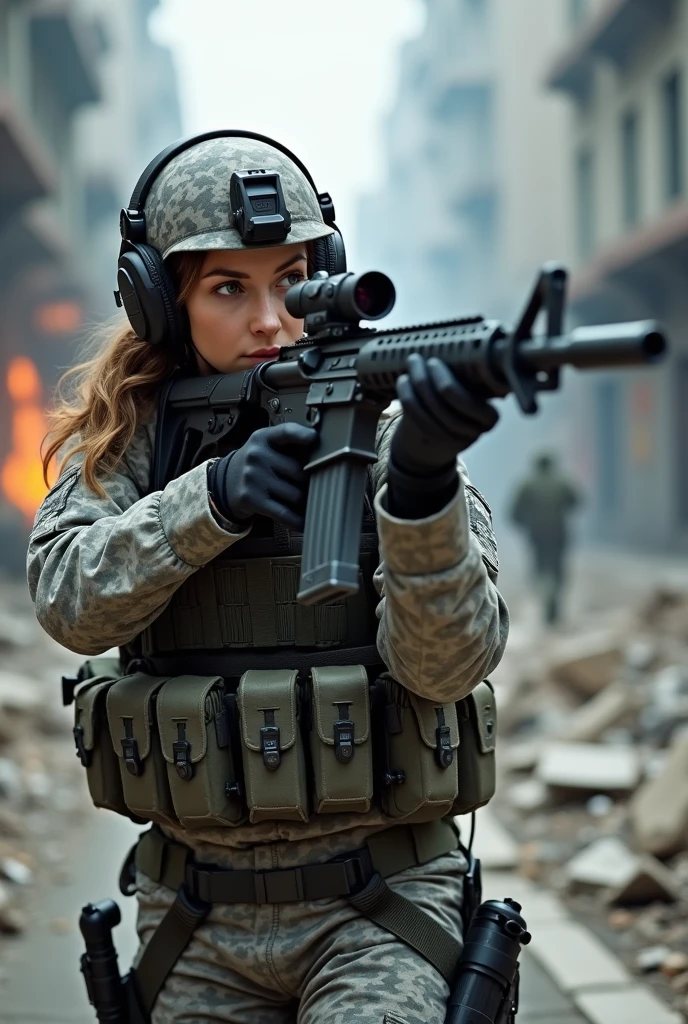 a full-length photo of a 22-year-old French female soldier shooting at an enemy on a ruined city street. She is dressed in a gray and black urban camouflage uniform., wearing a camouflage helmet and a headset with, her hair is light brown and her eyes are blue-gray, She is fully equipped with military gear and an automatic rifle with a 4x scope and a suppressor., There is smoke and fire in the background and a lot of debris on the ground., The city was badly damaged, ultra high resolution image