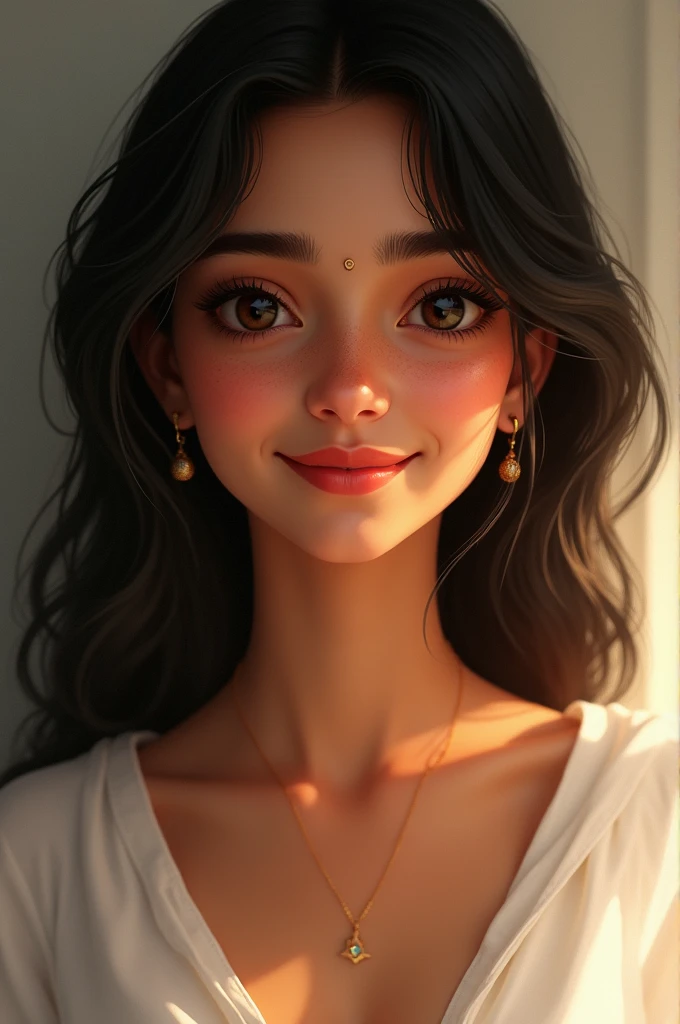 Indian girl, beautiful , smily face, wearing  white frock, looking very simple desi girl, sexy pose, close look