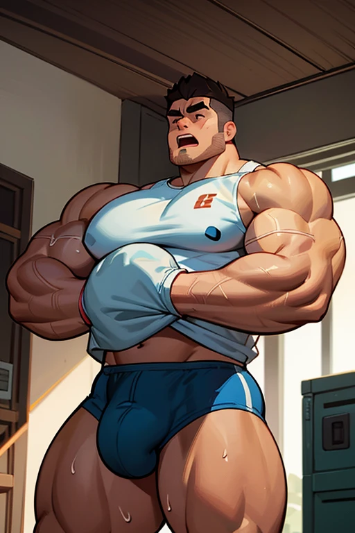 Young male college student Wearing shirt that says JOCK-U as a big dumb hyper muscular sweaty bodybuilder football jock bro in skin-tight compression gear flexing and staring blankly forward at the camera with open mouth under hypnosis. A monitor displaying a hypnotic spiral swirls behind him as he stands in a locker room doing a double bicep flex to expose sweaty armpits as he repeats, "Stare ... listen ... blank ... obey.... Bigger... Dumber.... Just a big ... dumb ... jock. Huhuh.... Uhhhhhh.... How's it hangin', bro? C'mere. Watch the spiral and FLEX with me, BRO! It's good to be a JOCK. Stare. Obey. Be a jock, just like me...." in a deep voice. Football jock assimilation. Hyper swollen crotch bulge. Sweating. Mouth hanging open. Hyper muscles. Giant biceps. Giant triceps. Broad shoulders. Giant traps. Giant lats. Giant deltoids. Big meaty pecs. Hyper swollen glutes. Brainwashing. Hypnosis. Hypnotized. Bro. IQ drain. Sweaty. Stereotype. Hypnotic trance. Entranced. Brainwashed. meathead. Musclehead. mindless. brainless. Front view. Digital painting. Giant muscles. compression gear.