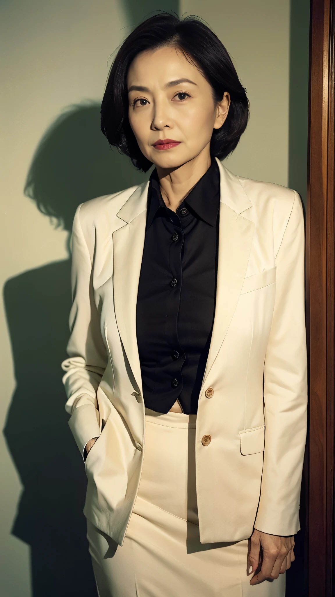 masterpiece, ((Depth of written boundary)), 32K, Beautiful finish, Face close-up, Beautiful mature woman, 80 years old, underwear, Business Person, board member, View from the front, Long face, A disdainful look, Cool look, Red lips, Thin lips, Wearing a suit over a bra, Remove Background, Light from the front,