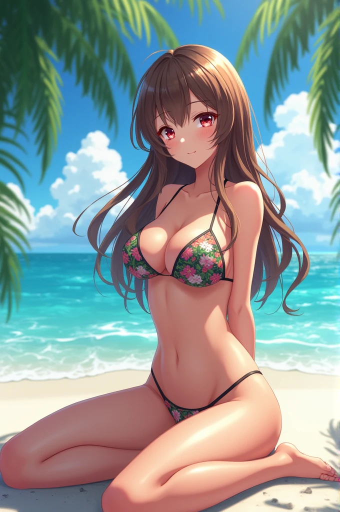 An anime girl on the beach with a bikini and big tits