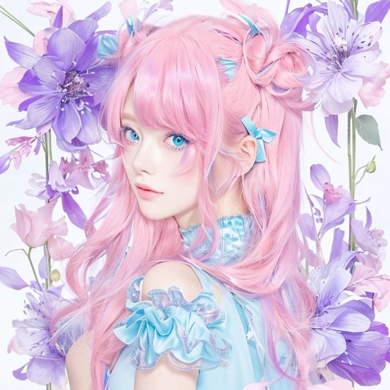 Close-up of a person with long pink hair and a blue dress, Pink pigtails and cyan eyes, beautiful, beautiful,soft,Portrait, girl