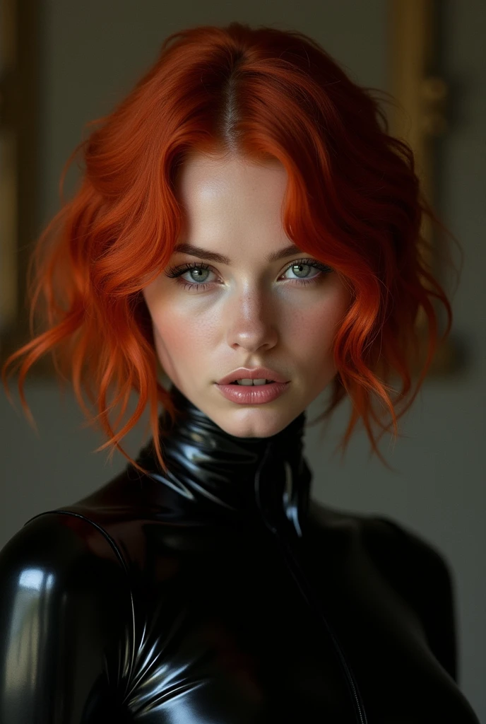 Red head cutie in a black latex catsuit staring deeply into the users eyes