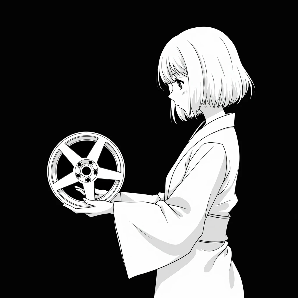 White pen on a black background。
No grey, just black and white。
A girl with white hair wearing a yukata。
Anime Style。
Hair length is bob。
The color of the yukata is white.。
He is holding a car wheel in his hand. The wheel has no tires.、Wheel only。
The wheels are Rays TE37.。
The te37 has six spokes。
