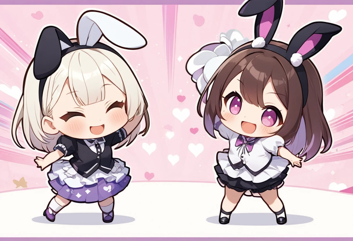 ultra-small deformation, Chibi Cute, 2girls, full body, Caramelldansen, "U-u-uma uma", Caramella Girls, doing a hip swing dance with their hands over their heads to imitate rabbit ears, smiling with open mouth, Meme