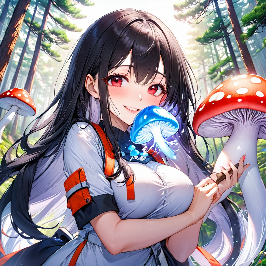 (Mountain Explorer style) (double exposure pastel color), (hand holding a detailed Magic mushroom), Smell the scent it, (solo:2, 18 yo) (detailed beautiful hime cut:1.3) (beautiful sexy black hair very long hair) (beautiful sexy sadist girl) (detailed cool sexy red eyes) (best ecstasy smile, glossy lip) (big tits), break, Do not take off in a summer Speculator uniform, break, in the beautiful Pine forest, BREAK, perfect anatomy, masterpiece, best quality, 16k, beautiful detailed grow, daydreaming expression.