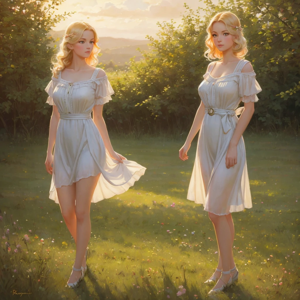 girl, 3個girl, blond, Green eyes, 1930s style, high quality, full-body shot, , Big breasts, Long legs and height 170 , Sailor Suit, Standing on the grassland with waist exposed, blue sky , delicate eyes, Delicate lips, Extremely detailed face, long eyelashes, Elegant, beautiful, beauty, charming, Exquisite, oil painting, Digital painting, Realism, 8k, best quality, masterpiece, HDR, bright colors, movie lighting, Soft Focus, warm colors, dream, romantic, femininity