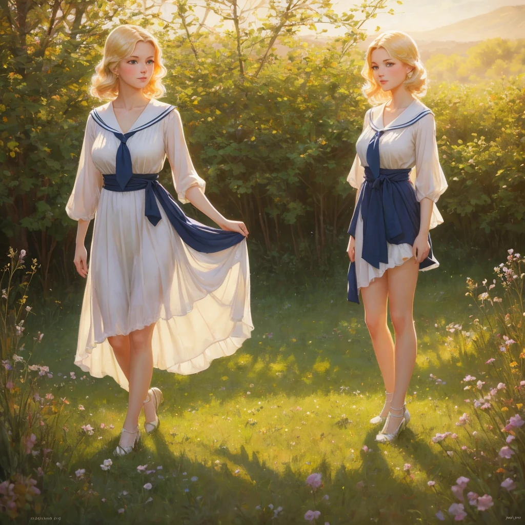 girl, 3個girl, blond, Green eyes, 1930s style, high quality, full-body shot, 17 years old, Big breasts, Long legs and height 170 , Sailor Suit, Standing on the grassland with waist exposed, blue sky , delicate eyes, Delicate lips, Extremely detailed face, long eyelashes, Elegant, beautiful, beauty, charming, Exquisite, oil painting, Digital painting, Realism, 8k, best quality, masterpiece, HDR, bright colors, movie lighting, Soft Focus, warm colors, dream, romantic, femininity 