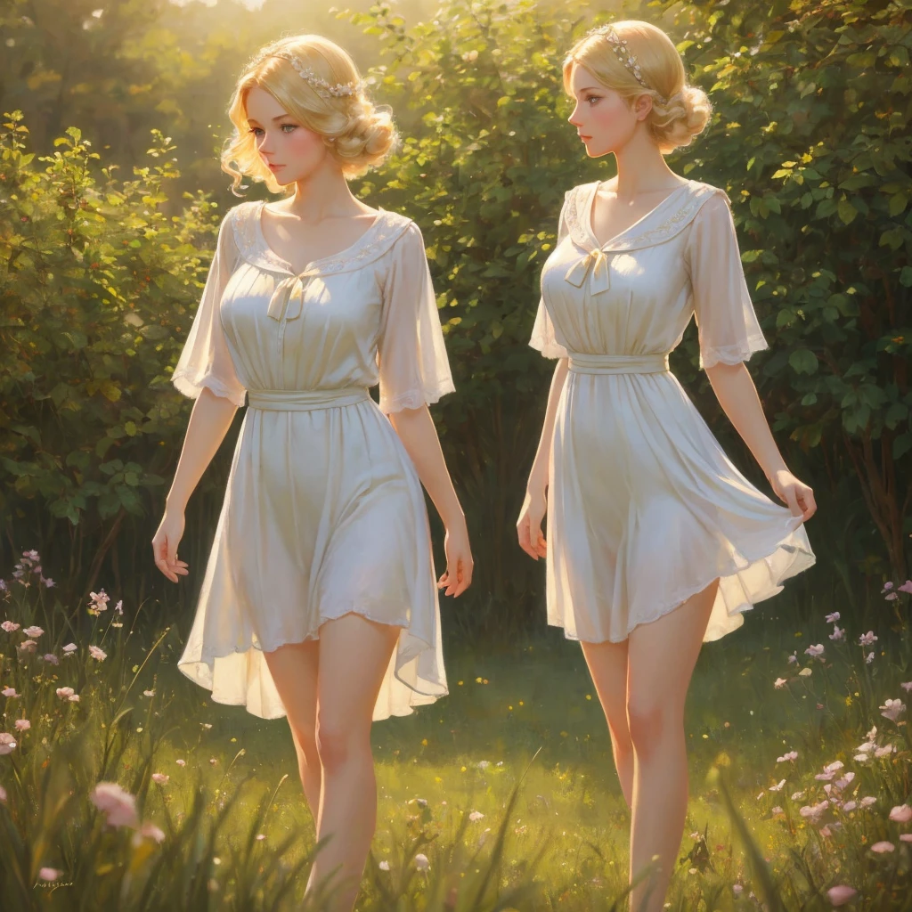 girl, 3個girl, blond, Green eyes, 1930s style, high quality, full-body shot, 17 years old, Big breasts, Long legs and height 170 , Sailor Suit, Standing on the grassland with waist exposed, blue sky , delicate eyes, Delicate lips, Extremely detailed face, long eyelashes, Elegant, beautiful, beauty, charming, Exquisite, oil painting, Digital painting, Realism, 8k, best quality, masterpiece, HDR, bright colors, movie lighting, Soft Focus, warm colors, dream, romantic, femininity