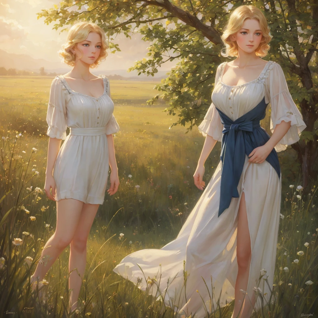 girl, 3個girl, blond, Green eyes, 1930s style, high quality, full-body shot, 17 years old, Big breasts, Long legs and height 170 , Sailor Suit, Standing on the grassland with waist exposed, blue sky , delicate eyes, Delicate lips, Extremely detailed face, long eyelashes, Elegant, beautiful, beauty, charming, Exquisite, oil painting, Digital painting, Realism, 8k, best quality, masterpiece, HDR, bright colors, movie lighting, Soft Focus, warm colors, dream, romantic, femininity