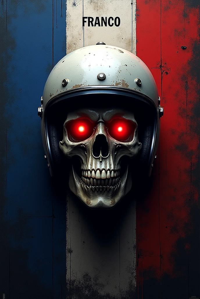 Realistic Costa Rica flag with a skull in the middle that has a motorcycle helmet and red eyes and has the name Franco above it
