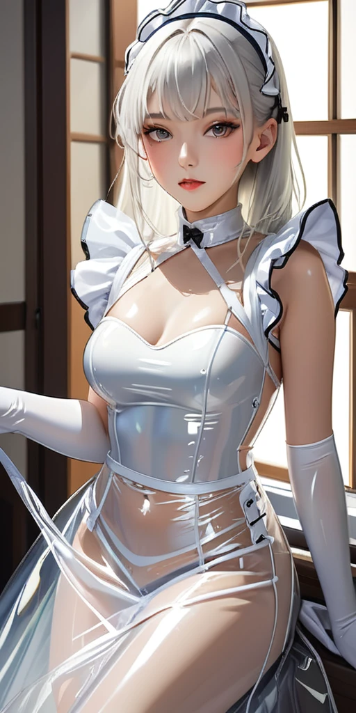 Portraiture、(masterpiece,Highest quality,Ultra-high resolution),Japanese women, (((Very beautiful 25 year old girl))),(White Transparent see-through latex maid outfit)、(White Transparent see-through latex long skirt),White latex long gloves、White latex socks, Transparent see-through Latex bodysuit、Latex is very shiny