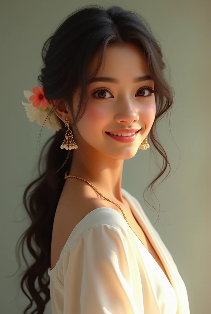 Indian girl, beautiful , smily face, wearing white frock, looking very simple desi girl, sexy pose, close look