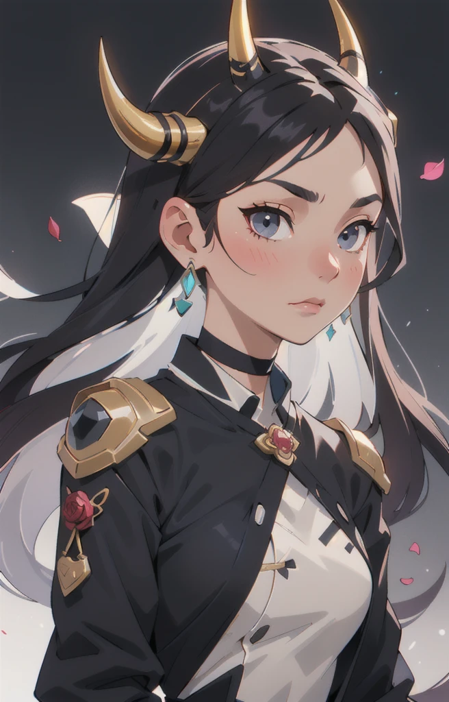 Seven Rhaeyar (Deylta), Ancient Star goddess, Perfect female anatomy (Royalty, Adult Female, 166cm in height, Cool pale skin, slim, slender, 34D breast size, Long Jet Black Hair, Gray Colored Iris , a set of Jet black colored horns on her head), Neutral facial expression, Elegant black uniform dress, female choker accessory with silver complimentary jewelry, dragon motifs, Black rope accessories, Simple Background, receiving light from the front, the focal point is her face, Ethereal glow, Blue Rose petals falling, Japanese inspired, bring her very close up, face image, detailed features, high quality resolution, shoulder up portrait