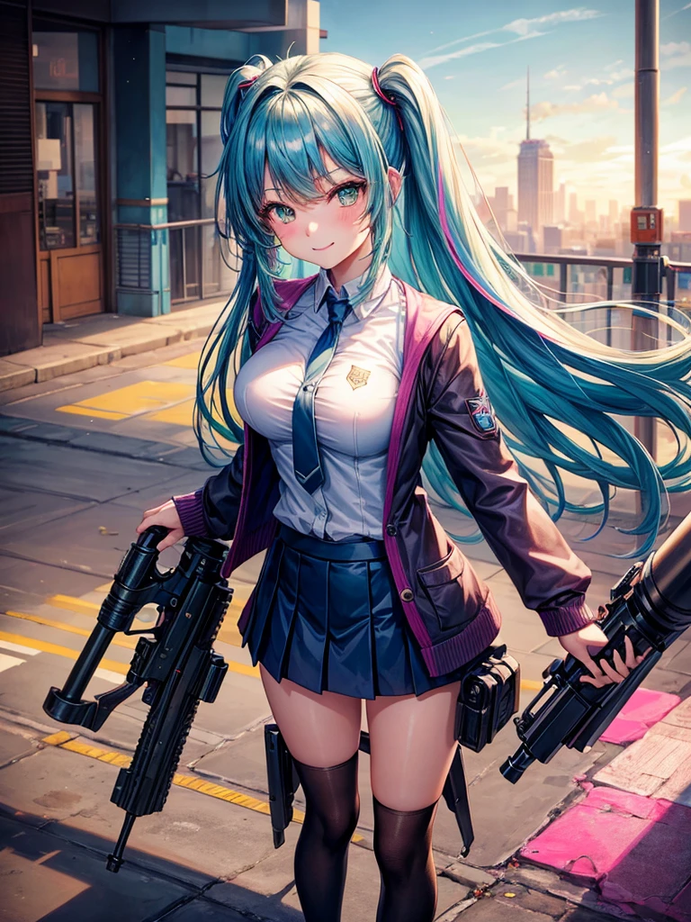 middle School girls，smile，Beautiful girls，Beautiful girl from another world，Gun of the Future，Girl holding a giant bazooka in her hand，The best quality to get you horny，Psychic，Wizard，battle，Colorfulな髪色，Perfect Girl，Super cute girl，Cyberpunk Background，Cute uniform，Uniform of the Future，Wearing a cardigan，Long Hair、Sparkling eyes，She has her bangs down，Colorful，Ultra HD，Young girl，sex，Green Eyes，Naughty Girls，Full body image，Big Breasts，Beautiful Girl&#39;s Paradise，Fashion Girl，Naughty Girls，Beautiful Girl Country，High-dimensional beautiful girl，A beautiful girl who transcends everything，So beautiful，Absurd，Beautiful girls，