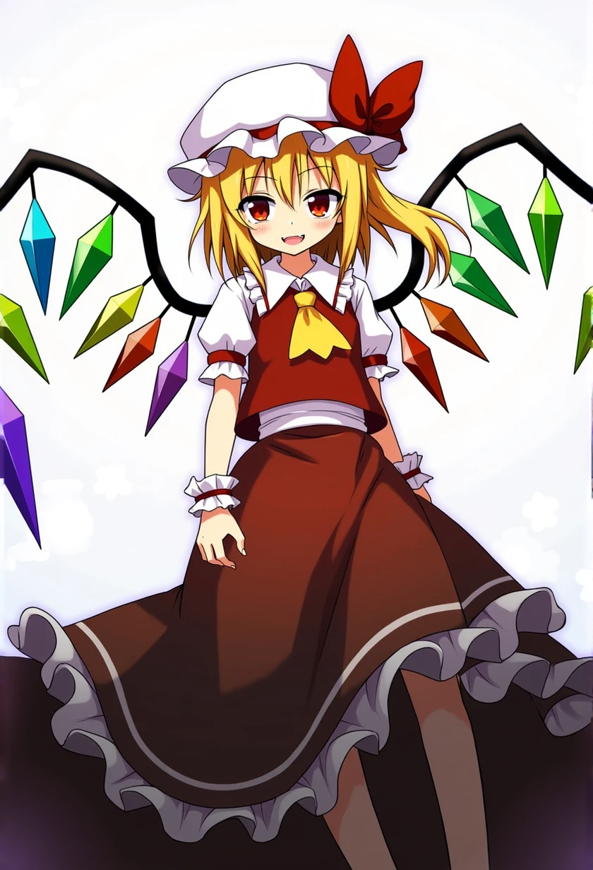 1girl, flandre scarlet (touhou), red eyes, short hair, medium hair, blonde hair, one side up, red eyes, slit pupils, fang, wings, crystal, white headwear, mob cap, red vest, white shirt, collared shirt, frilled shirt collar, yellow ascot, puffy short sleeves, frilled sleeves, wrist cuffs, red skirt, skirt set, frilled skirt, red ribbon, hat ribbon, back bow, white bow,