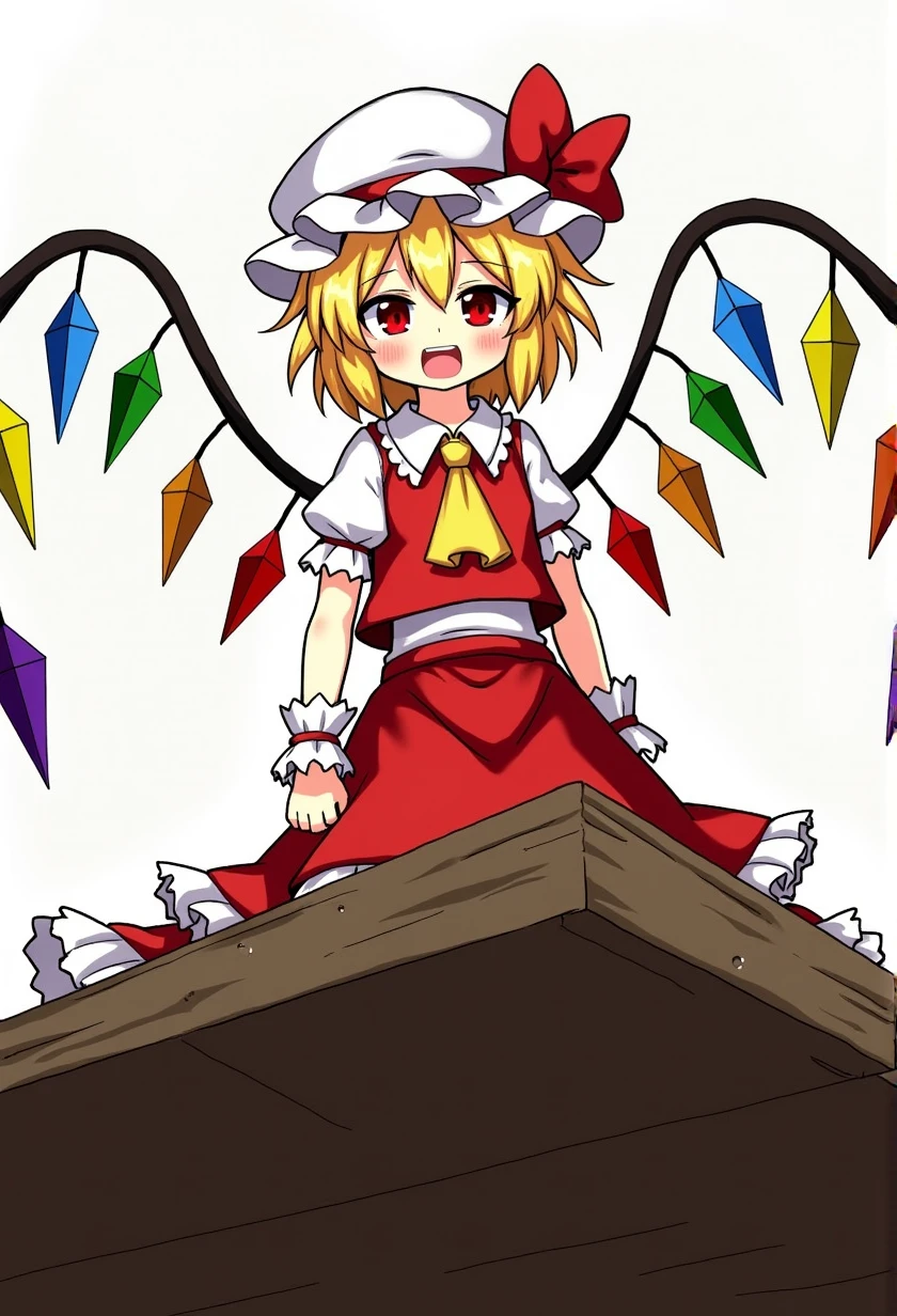 1girl, flandre scarlet (touhou), red eyes, short hair, medium hair, blonde hair, one side up, red eyes, slit pupils, fang, wings, crystal, white headwear, mob cap, red vest, white shirt, collared shirt, frilled shirt collar, yellow ascot, puffy short sleeves, frilled sleeves, wrist cuffs, red skirt, skirt set, frilled skirt, red ribbon, hat ribbon, back bow, white bow, 