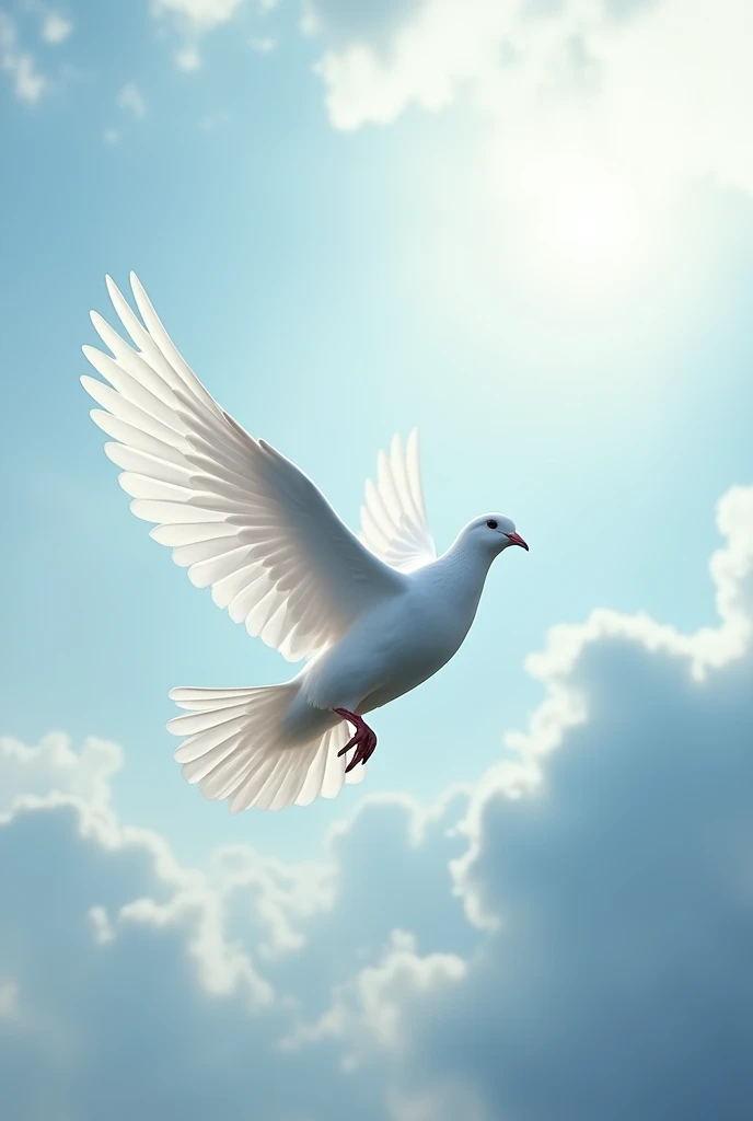 A white dove flying at full speed upwards. Behind the sky with some clouds, but you can't see it properly because of the speed of the pigeon flying