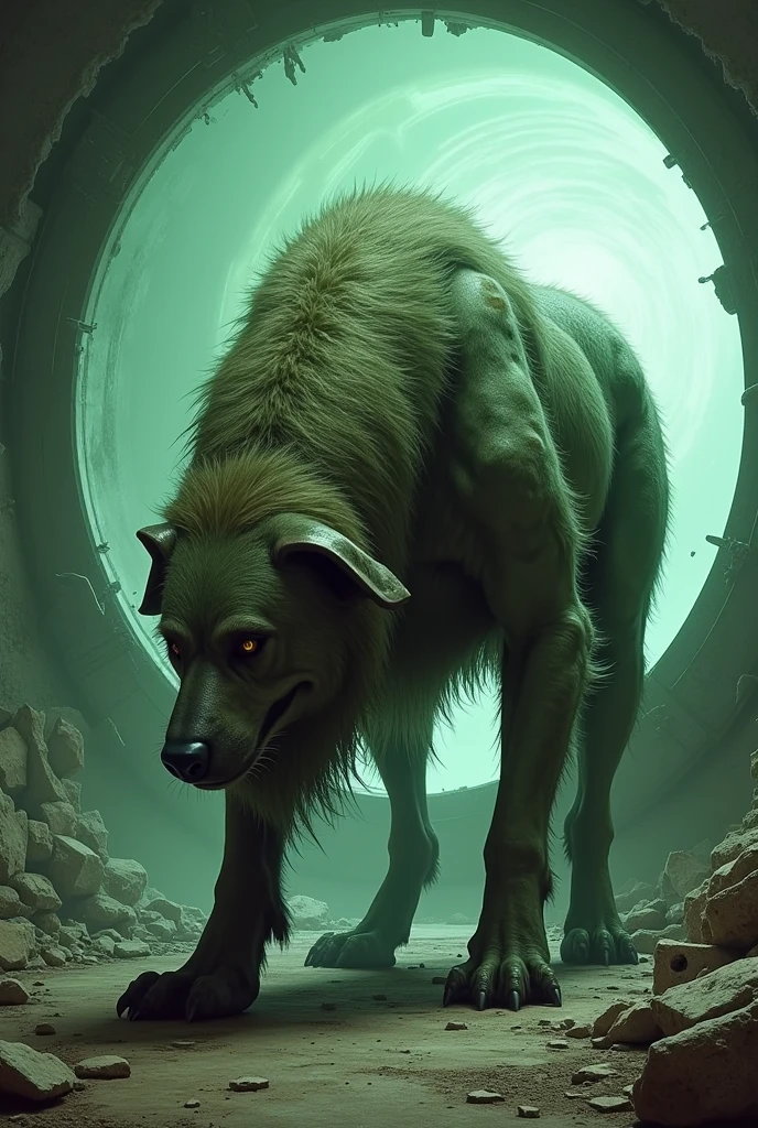 Creates a kind of green and gray alien hybrid dog with spots and no eyes and a lot of fur sniffing the floor
. And a background of a ruined laboratory with a glass wall in the background with a kind of portal to another world.