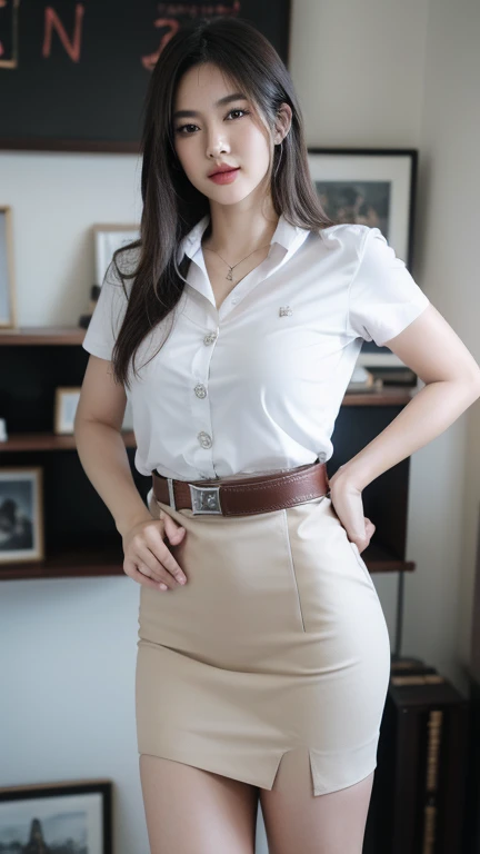 Pretty big breasts big tits thai woman Hand on hip , (8k, best quality, masterpiece, ultra highres:1.2) Photo of Pretty thai woman beautiful, beautiful enchanting fashion contemporary painting with , (1girl), (white shirt short sleeves), ((black pencil skirt)), belt , blonde hair, , realistic skin texture , round chin, 85 mm art lens, f 1. 2, sharp focus, 8 k high definition, insanely detailed, intricate, elegant, large breasts, big breasts , black skirt , Hands on the waist