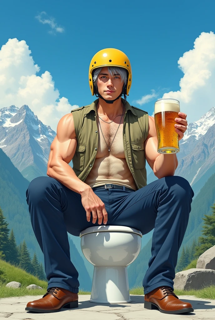 Fantastic realistic illustrations。
Sitting on the toilet with your butt exposed。A young Japanese man wearing a yellow helmet。Thick eyebrows。His face looks like a beautiful woman&#39;s。Silver hair that reaches down to the shoulders。The arm muscles are amazing。Wearing a khaki vest。Wearing navy blue trousers。He is about to drink beer from the mug he is holding in one hand。
Behind it is a magnificent mountain range.。Fantastic blue sky。