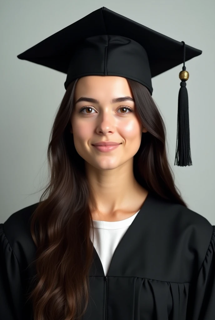 Create a realistic front view photo of a white skinned girl, round face, dark chocolate hair, Lazio, long, with a natural expression, facial features not pronounced, dressed in a black graduation cap and gown
