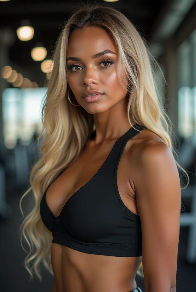 best quality, 8k, very delicate and beautiful, highly detailed face and skin texture, shiny skin, high resolution, big sexy blond long hair tanned skin ugandan girl in sport bra at gym, sharp focus