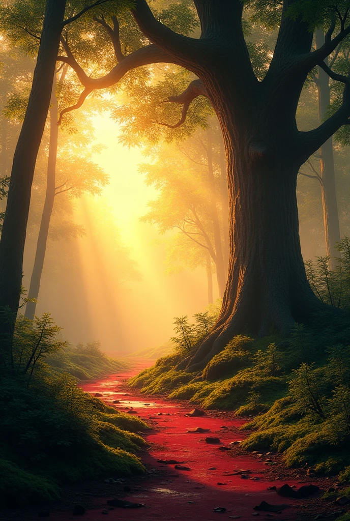 Forest with a tree on the right at sunset with ground slightly stained with red paint