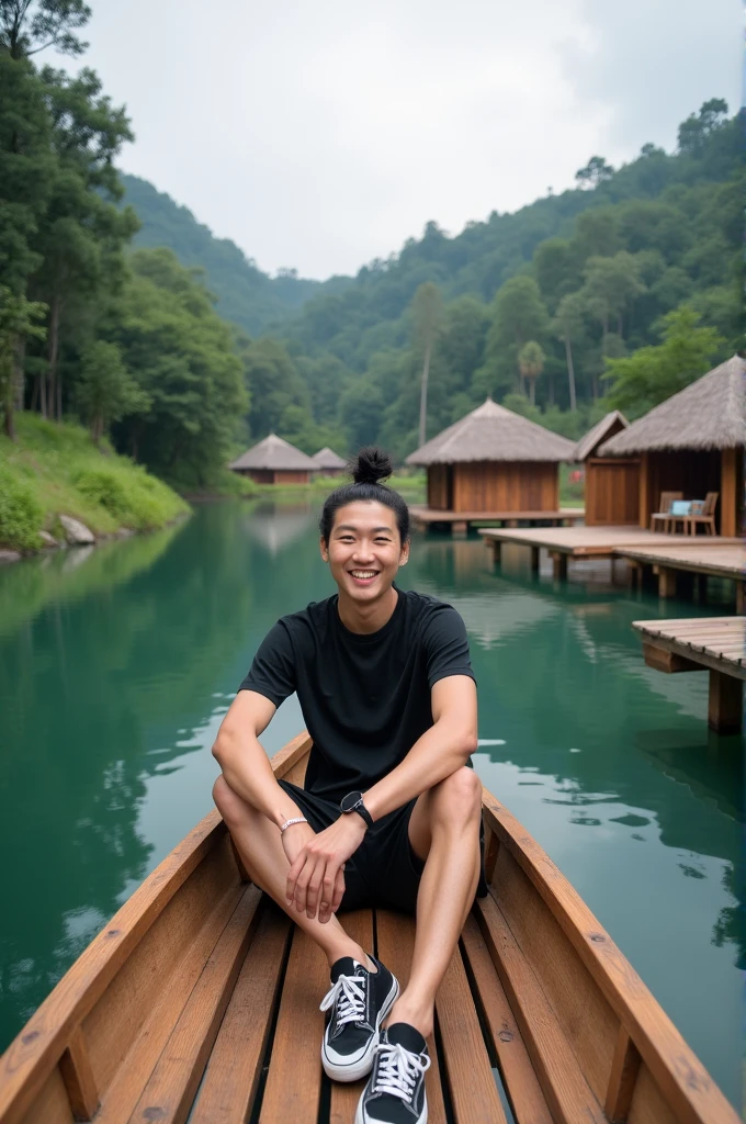 Wide shot of A Korean man with man bun hair, wearing black t-shirt, shorts, sneakers, sitting on a wooden boat in the middle of a calm lake. in the
distance there are several small wooden huts with thatched roofs, the walls and floors are made of unique triangular shaped teak planks and there are teak plank stairs with a plank platform and a traditional feel with verandas reflected in the calm water, surrounded by lush greenery and tall trees towering under a cloudy sky, this place is known as "Dusun Bambu Lembang" Bandung Indonesia. The atmosphere is calm and beautiful, smiling at the camera