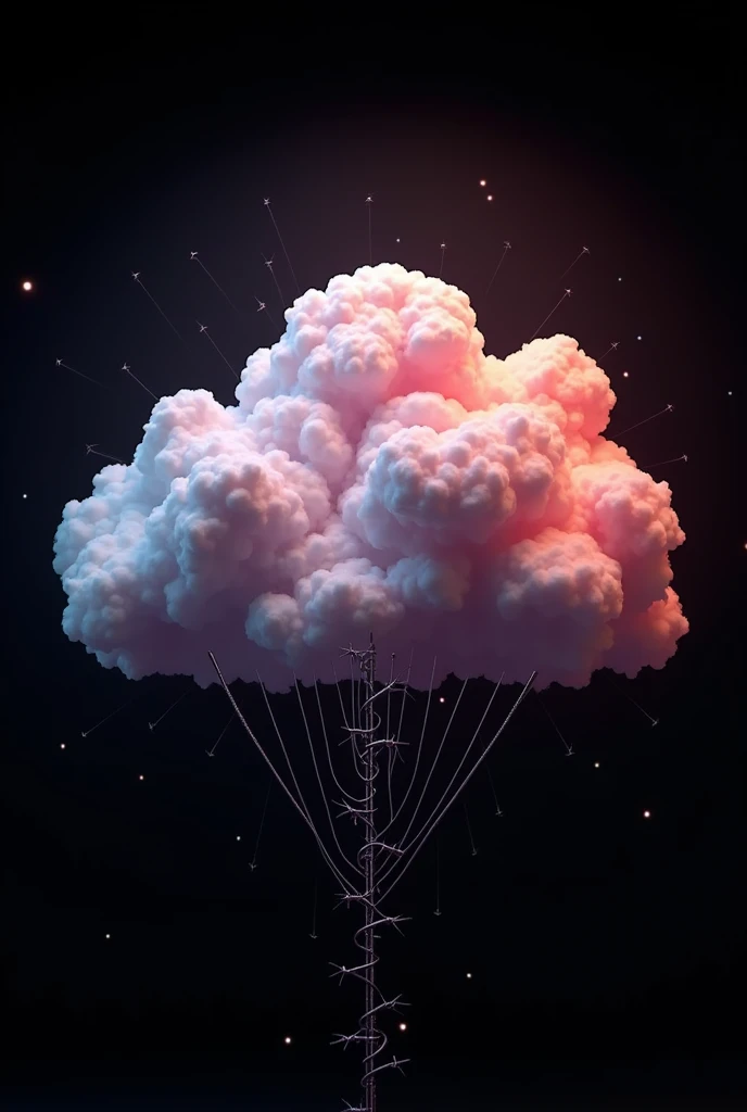Create a chromatic 3D cloud with rays. The cloud must be wrapped in chrome barbed wire. The background must be completely black