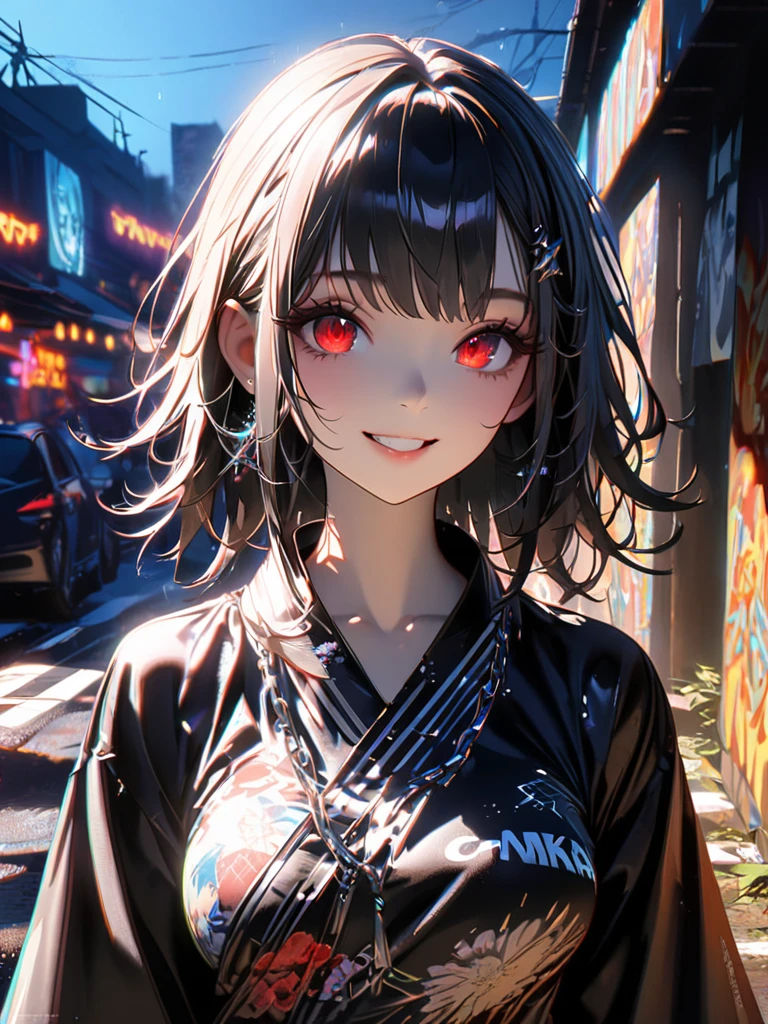 1 girl, chromatic aberration, Written boundary depth, Soft Light, masterpiece, Highest quality, complicated, Tone Mapping, A place where fireworks are set off at festivals. Concept Art, Smooth, Clear focus, Dramatic lighting, Very cinematic, super practical painting, アートステーション's trending, 8k, Incredible Shadows, practical, whole body, View, Viewers, Portrait of a Girl 1, standing on street corner, Heavy rain and lightning、Dark Sky, neon and cyber punk background, she is dressed in punk clothing with silver chains and silver spikes, Her hair was dyed a bright black color..........Ominous aura of light, smile, punk, ciber punk, Backlight.Fashionable clothes、Friendly dress code: yukata.My breasts are a little big.Beautiful red eyes