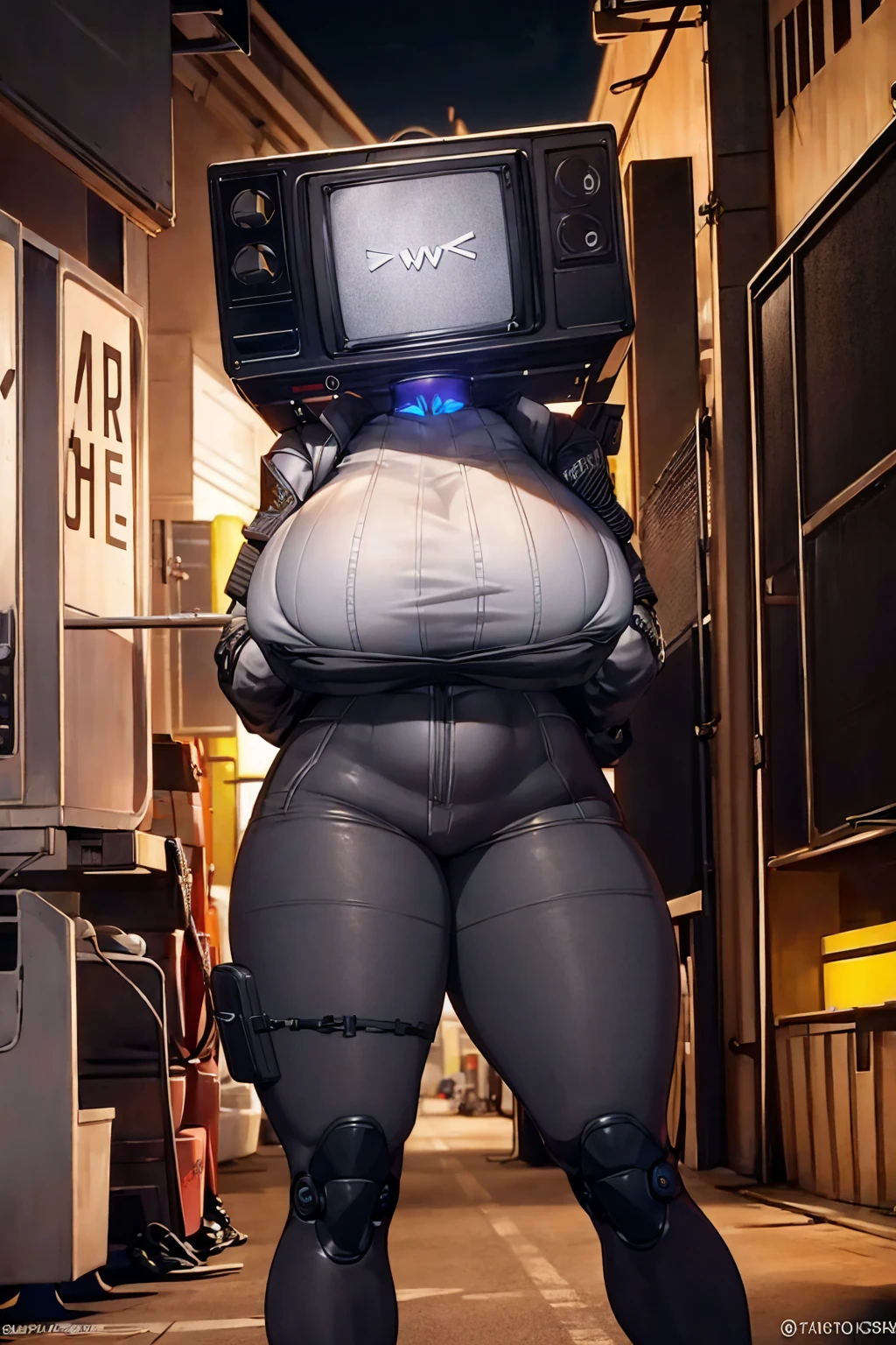 TV screen head robot girl sexy Super huge big breasts breast enlargement Special attack bulletproof tactical jacket sci-fi city full-body shot