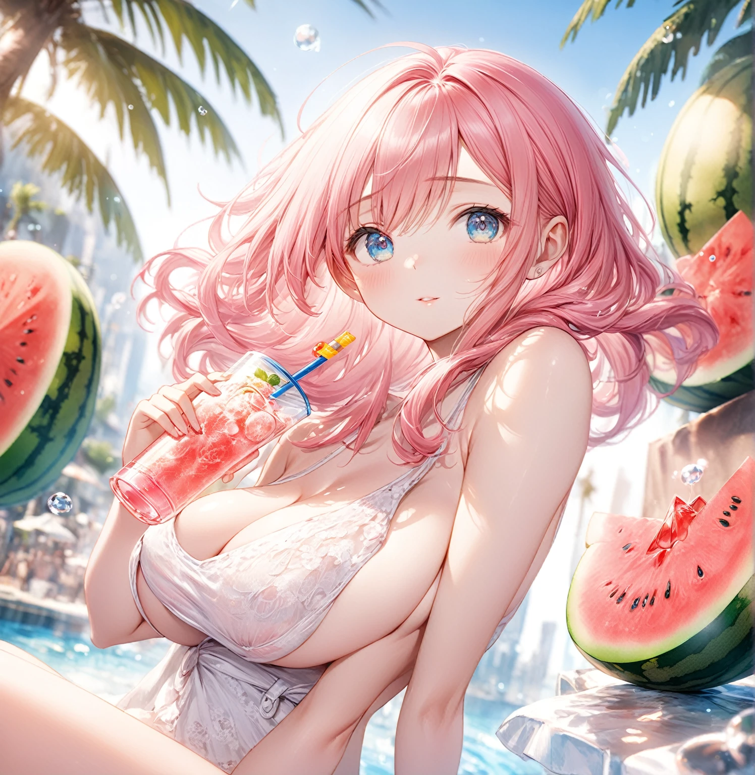 (Highest quality,8k,32K,masterpiece,Ultra-high resolution :1.2 ),born,One girl,Super cute,Natural light,Clear, shining eyes,20-year-old,Fair skin,Summer external electronic world fantasy background,Pink Hair,Large Breasts,Drinking melon soda,Looks hot