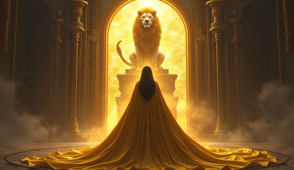 woman with GOLDEN priestess cape, facing a portal with a majestic lion sitting on the portal as the symbol of justice, convey depth