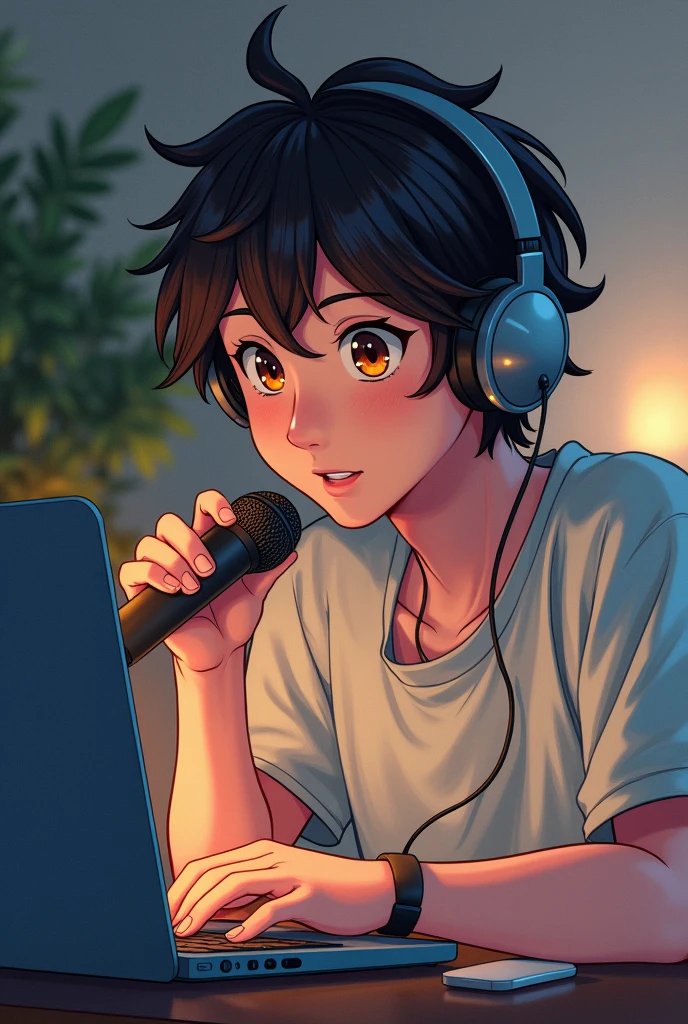 A young man with anime headphones, speaking into microphone, looking at a laptop,  no estilo de quarto player, animated color photos, Masami Teraoka, player, Paulo Gauguin, Embry Style, honest portrait, 