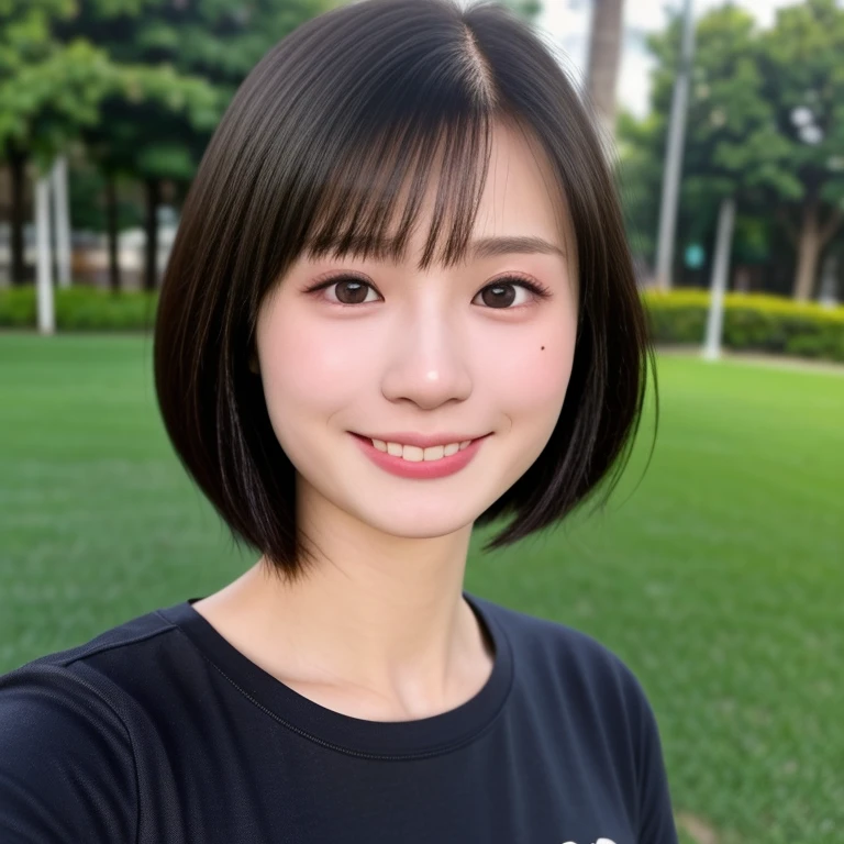 (kawaii 24 year-old Japanese girl, Nogizaka idol, Korean idol), healthy female athlete body, (glossy black hair, short hair, pixie cut, bangs:1.3), (rounded face, pure black eyes, single eyelid, no makeup, splashing smile:1.2), (wears crew neck t-shirt:1.3), extra small breasts, BREAK, (park background, turf:1.3), (dynamic angle, bust shot:1.2), BREAK, (masterpiece, best quality, photo realistic, official art:1.4), (UHD, 8K quality wallpaper, high resolution, raw photo, golden ratio:1.3), (shiny skin), professional lighting, physically based rendering, award winning, (highly detailed skin, extremely detailed face and eyes, anatomically correct body), Carl Zeiss 85 mm F/1.4, depth of field, 1girl, solo,