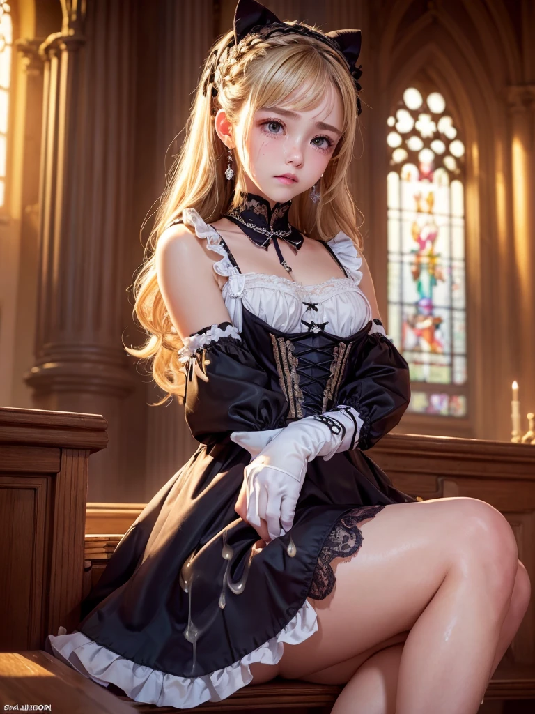 ((Highest quality)), ((masterpiece)), (detailed), (french braid blonde), (Erect penis:1.33), (Beautiful 14 year old girl:1.38), ((two fingers to penis:1.18)), ((Massive ejaculation:1.3)),  romantic low bun, (elbow gloves:1.2), (Gothic and lolita:1.22), ((sitting with knees up)), spread legs, (knee high boots), ((small breasts)), Are thin, (open clotch panty:1.42), ((Blushed:1.3)), shame, Confused expression, Big earrings、Shiny skin、Thin eyebrows、((tears:1.1))、Inside the church、A soft light is pouring in,