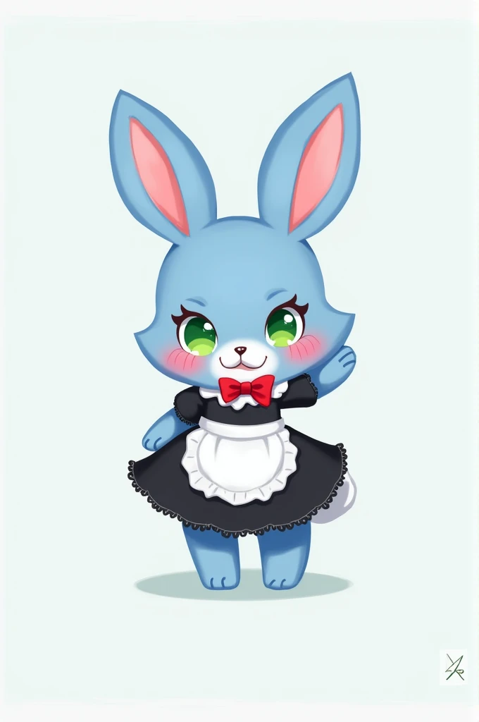 blue anthropomorphic rabbit with red cheeks and green eyes (arte digital 2d ) bowtie red femboy full body maid femboy black skirt short very short schoolgirl man boy guy gay female