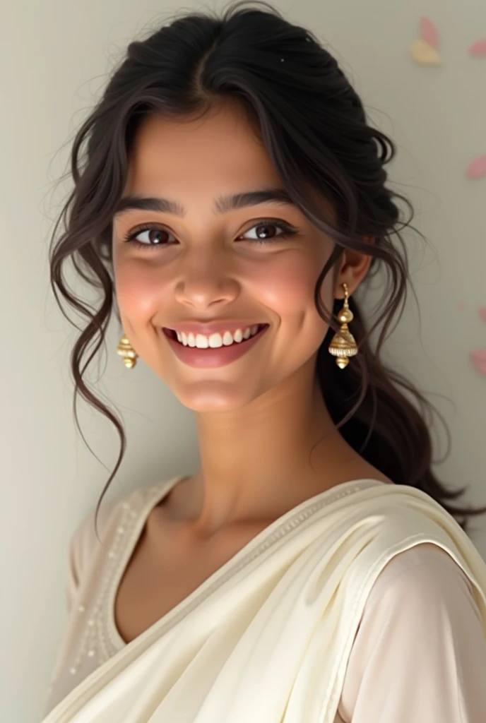 Indian girl, beautiful , smily face, wearing  white frock, looking very simple desi girl, sexy pose, close look
