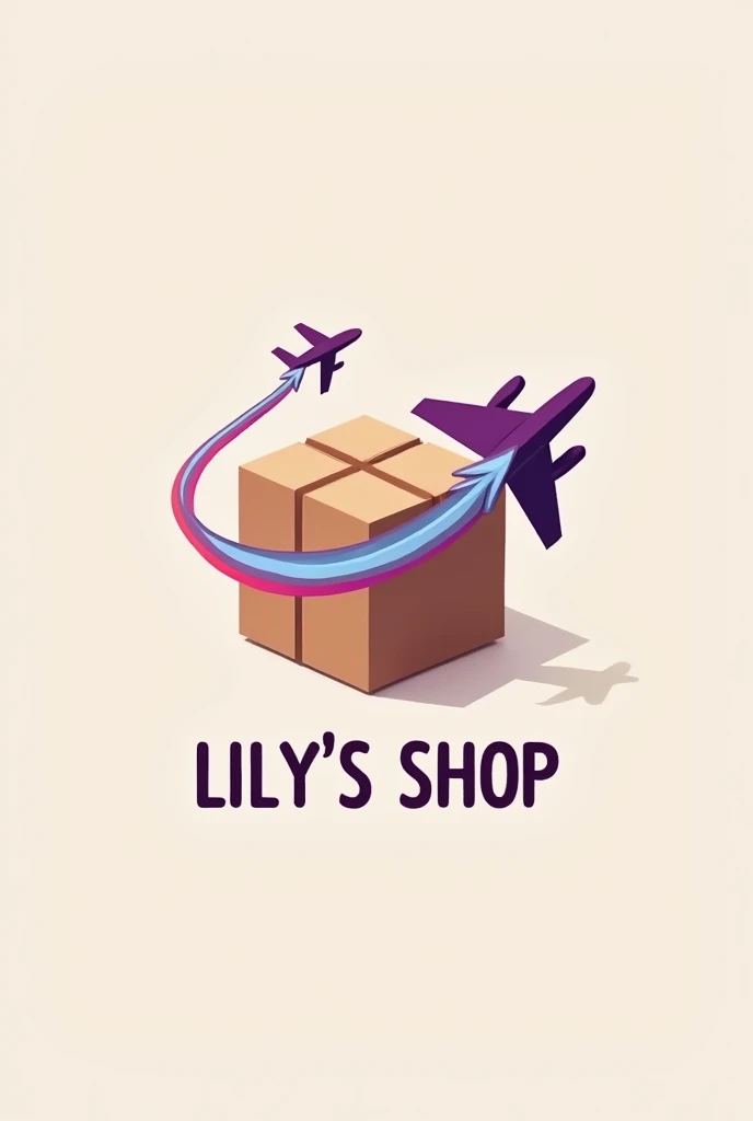 A logo for a company, with a brown package in the middle and an airplane as if it were a ring that goes around the package several times, and a little below the tweet that says LILY&#39;S SHOP, and the purple and pink colored airplane trail