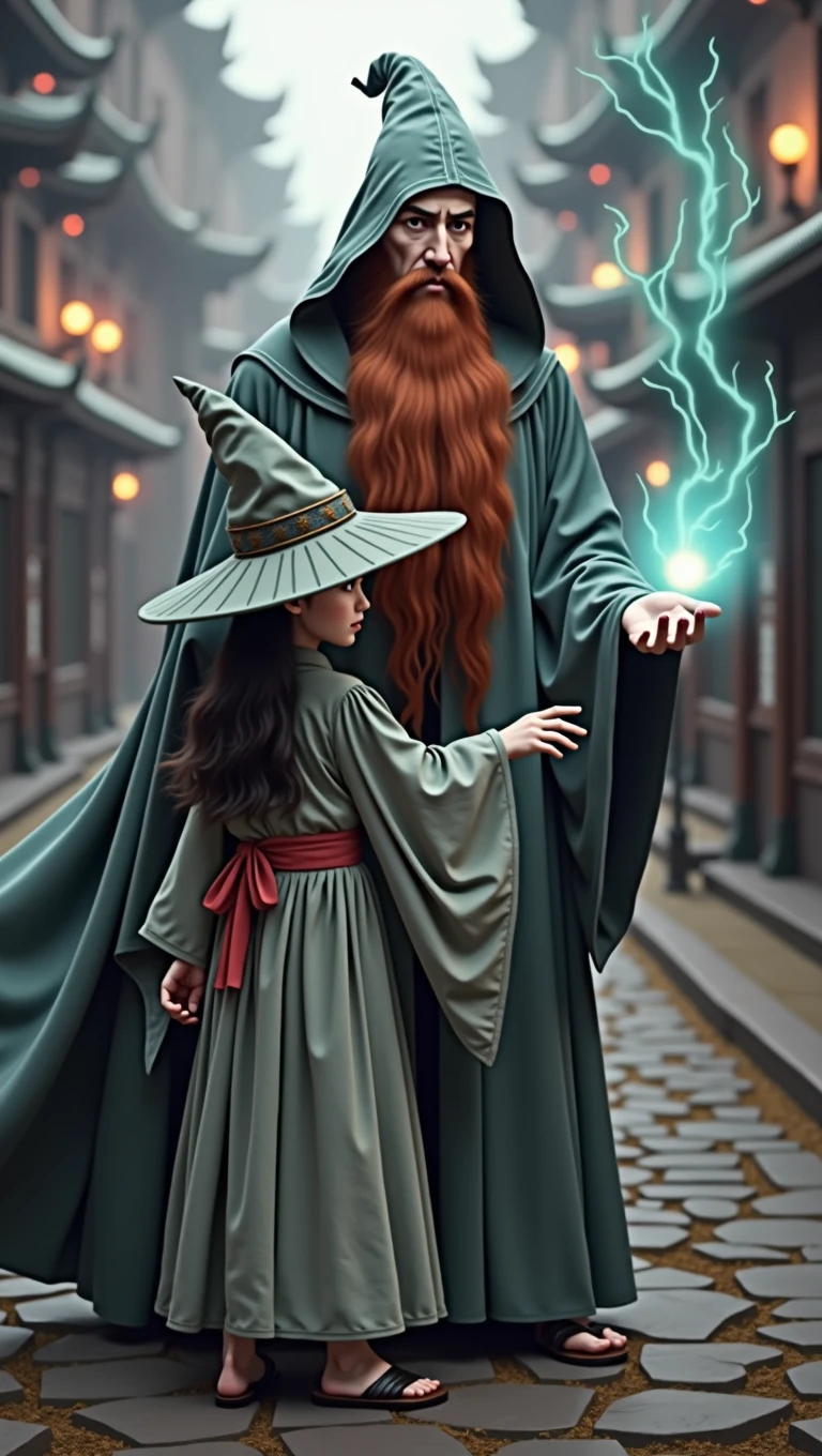 A 30 year old red-haired wizard with a long beard,wearing a greenish-gray wizard's robe with a pointed hood releasing a spell from his hand, next to him is a Japanese child witch with a gray witch robe mixed with kimono and a pointy witch hat.Hyper Realist . Reality