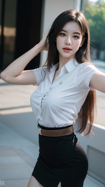 Pretty big breasts big tits thai woman Hand on hip , (8k, best quality, masterpiece, ultra highres:1.2) Photo of Pretty thai woman beautiful, beautiful enchanting fashion contemporary painting with , (1girl), (white shirt short sleeves), ((black pencil skirt)), belt , realistic skin texture , round chin, 85 mm art lens, f 1. 2, sharp focus, 8 k high definition, insanely detailed, intricate, elegant, large breasts, big breasts , black skirt , Hands on the waist