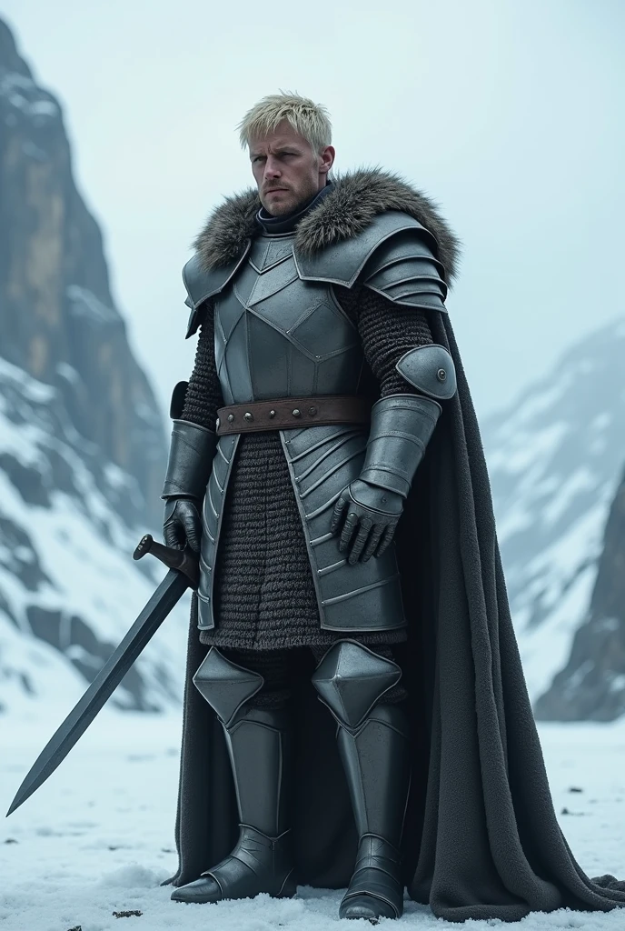 Blond man in game of thrones armor on ice 