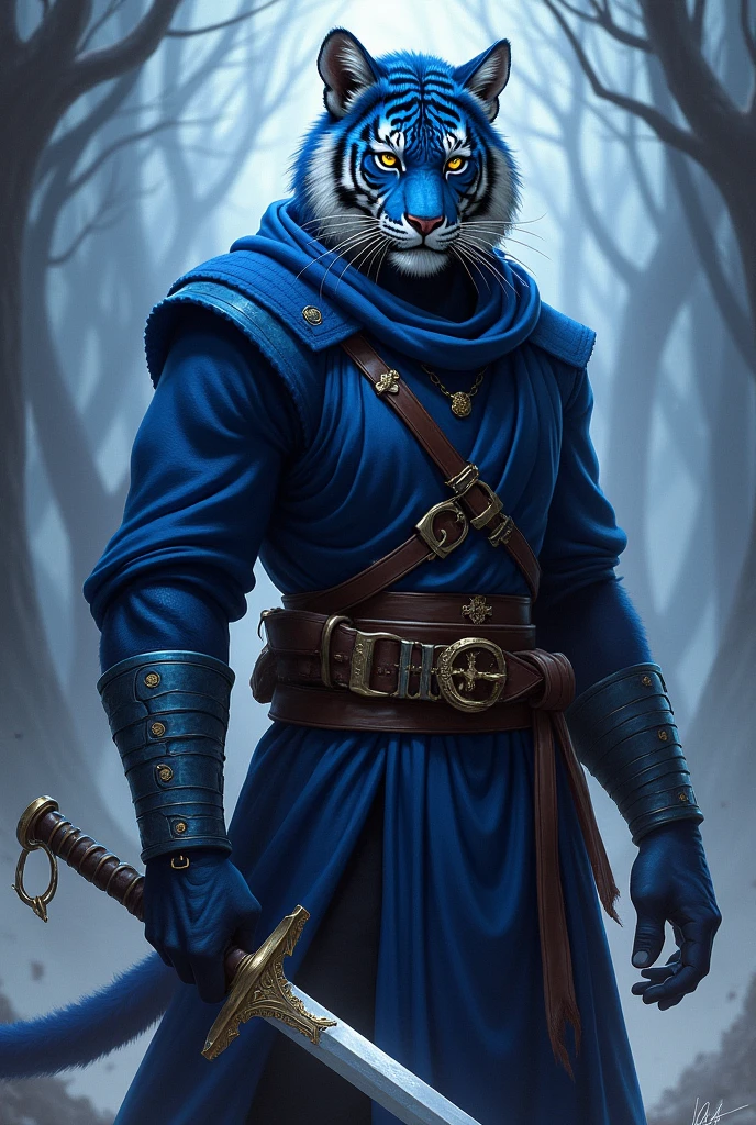 tiger man, tabaxi dnd, dark blue fur, swordsman, runic clothes, blue clothes, storm background, digital art, dnd character art style, fantasy, dark fantasy, detailed --v 6.0 --stylize 1000 --ar 3:5