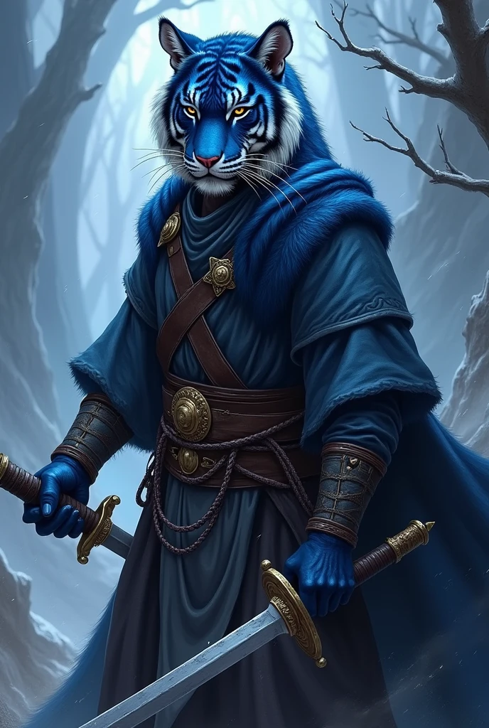 tiger man, tabaxi dnd, dark blue fur, swordsman, runic clothes, blue clothes, storm background, digital art, dnd character art style, fantasy, dark fantasy, detailed --v 6.0 --stylize 1000 --ar 3:5