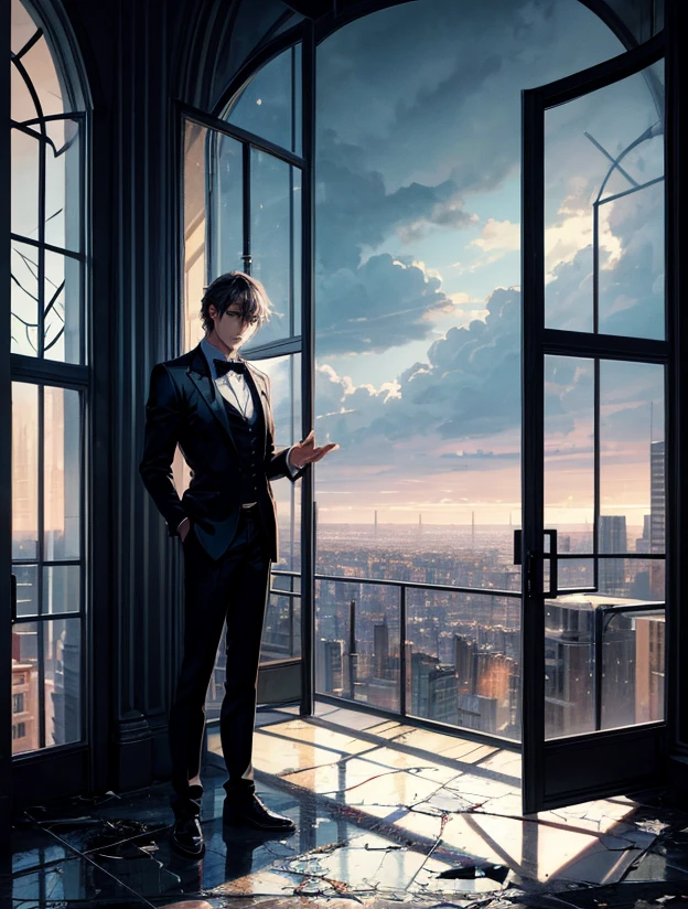 Constantine, man standing on the railinga of tje building facing the view(cityscape), dressed in a suit, black tie, broken glass on the floor, dark and gloomy scene