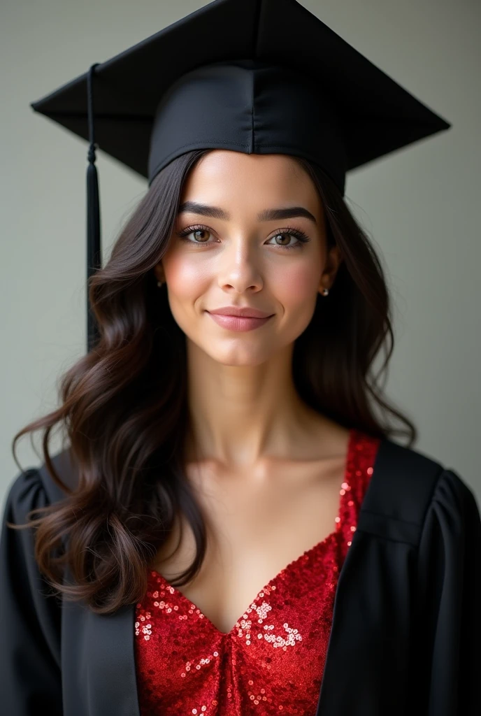Create a realistic front view photo of a white skinned girl, round face, dark chocolate hair, Lazio, long, with a natural expression, facial features not pronounced, dressed in a black graduation cap and gown, with a red sequin dress