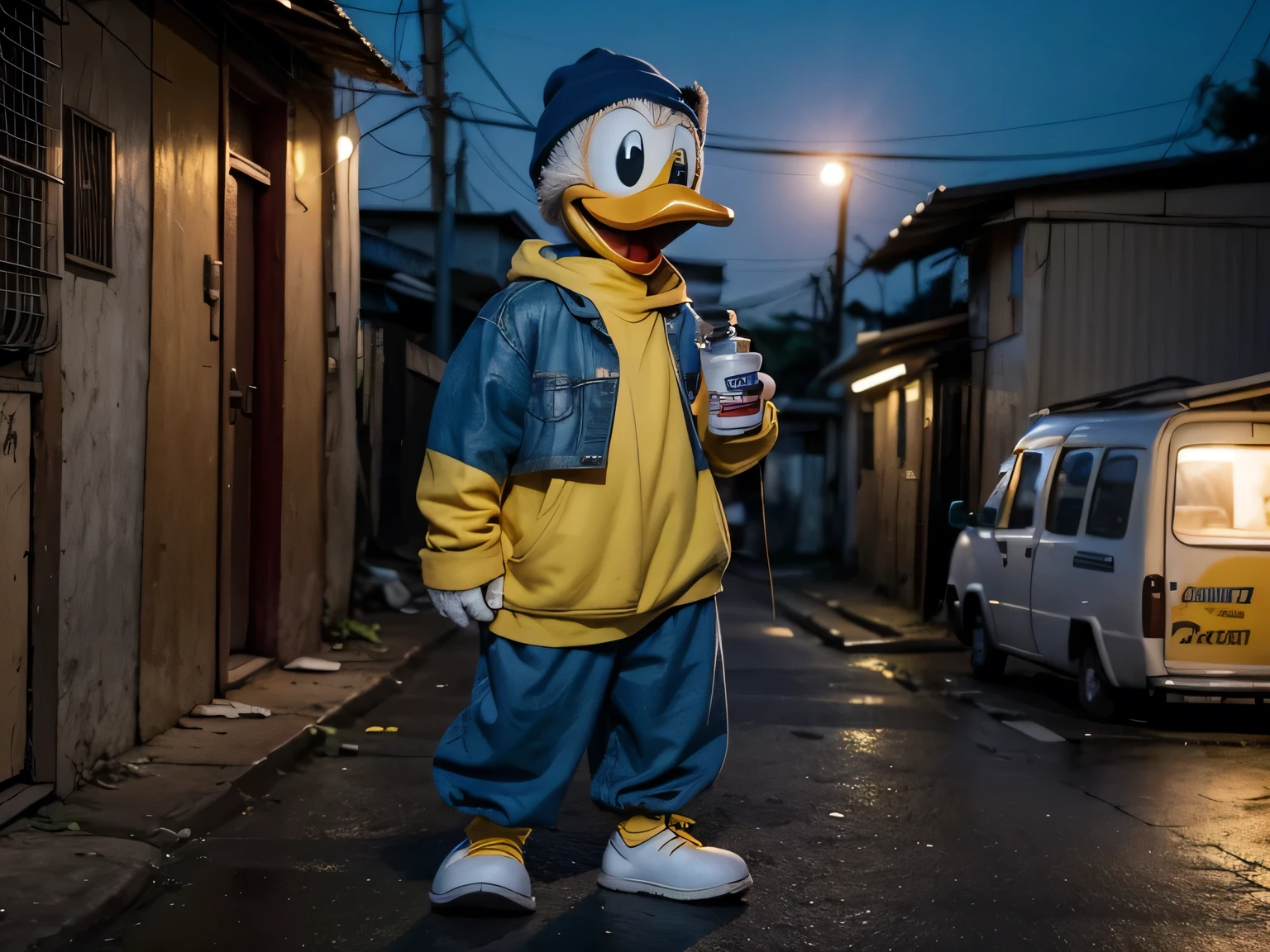Create an image of Donald Duck dressed as a homeless  and living on FAVELA BRASILEIRA A NOITE